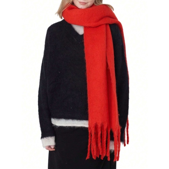 Red Wide Shawl Scarf With Tassels Fuzzy Knit - Picture 3 of 6